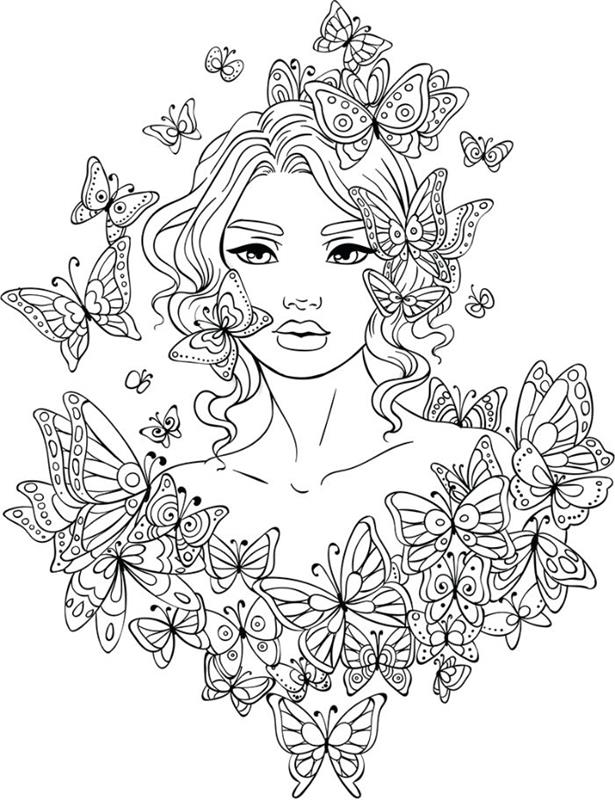 dekliška glava, obdana z metulji različnih velikosti, preprosta ideja za risanje črno -belih barv