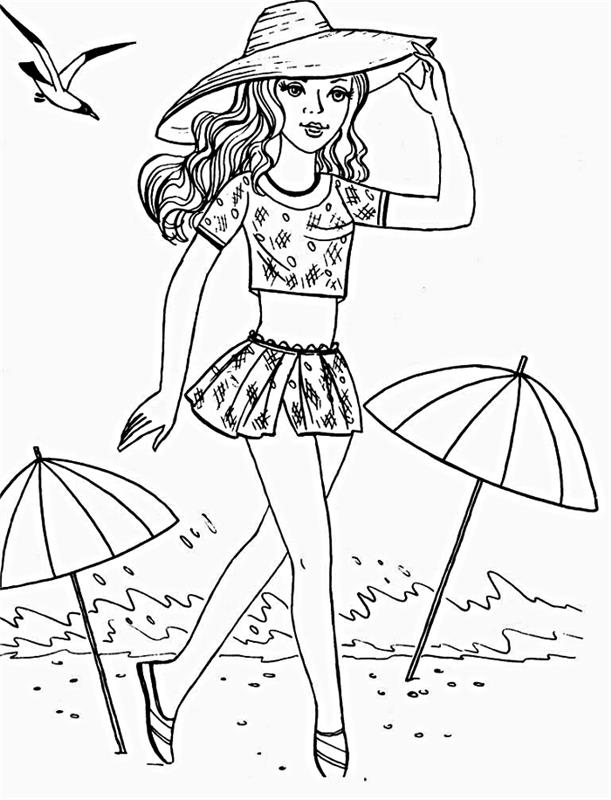 Paplūdimio tematikos spalvinimo puslapis mergaitėms, paplūdimio pasivaikščiojimo dažymas, merginos su šiaudine skrybėlėmis dažymo puslapis paplūdimyje