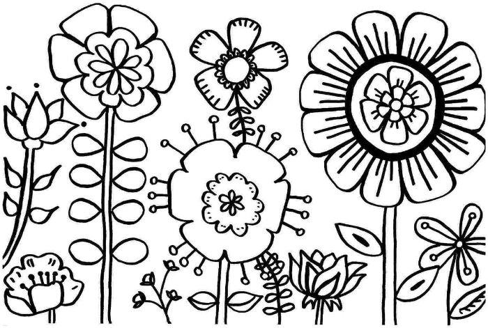 črno -bela preprosta barvna risba cvetov različnih velikosti in vzorcev na belem ozadju