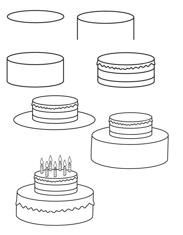 Plenična torta s svečami, korak za korakom risanje rojstnodnevne torte, rojstnodnevna risba za mamo