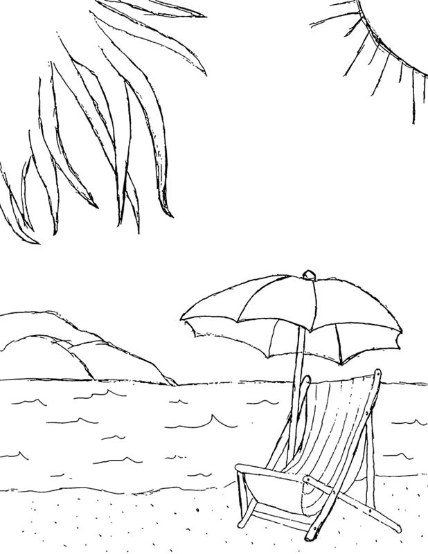 boyama anaokulu manzara doğa ada okyanus dalgası yaz tatili dinlenme deniz güneş palmiye yaprakları şemsiye şezlong