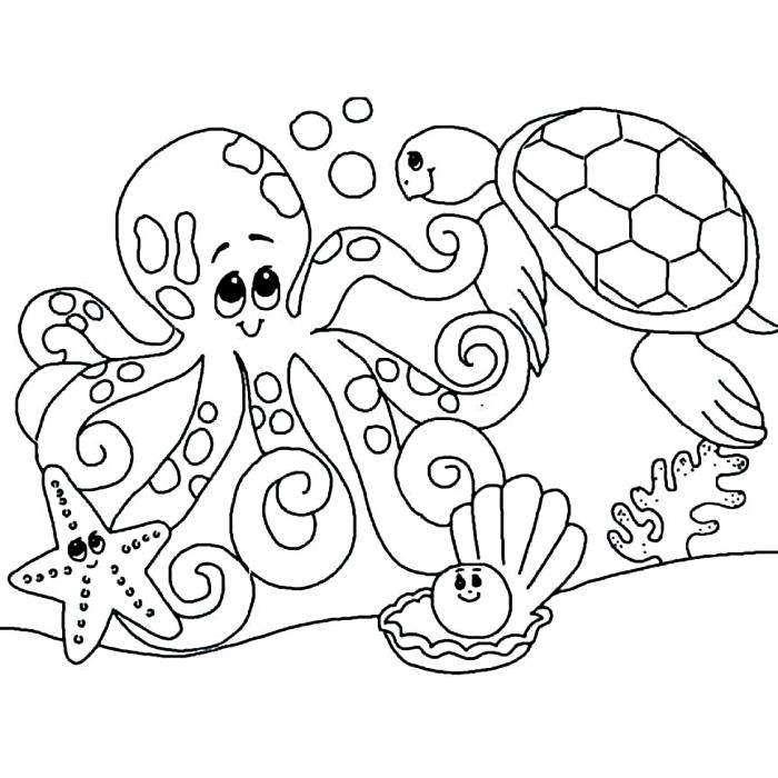 Vaikų darželis, dažantis gyvūnus jūros dugne, spalvinimas vaikams vandenyno tema, spalvinimo puslapis vėžlys, jūrų žvaigždė ir aštuonkojis