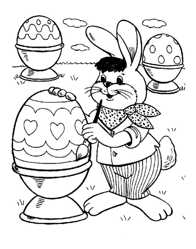 lengvai dažomas Velykų piešinys vaikams, lengvas spalvinimo pavyzdys su menininku zuikiu ir dekoruotais kiaušiniais