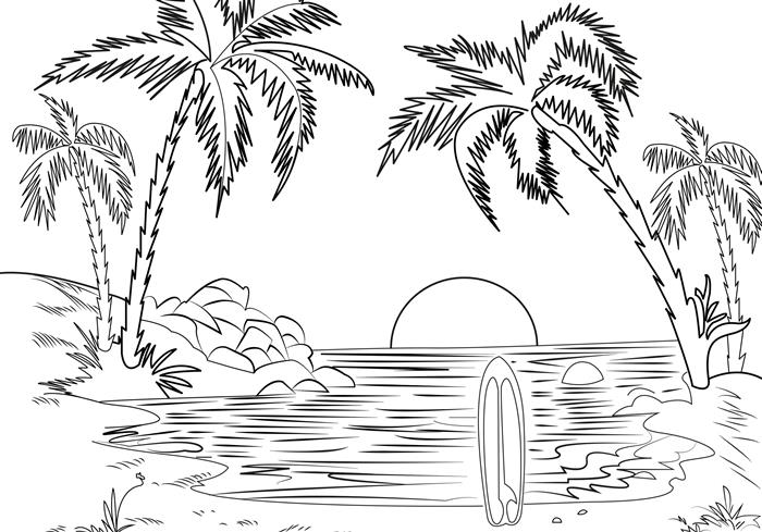 boyama kumsal manzara doğa gün batımı ada palmiye ağacı dalga deniz su sörf kum güneş egzotik yer yazdırılabilir çizim