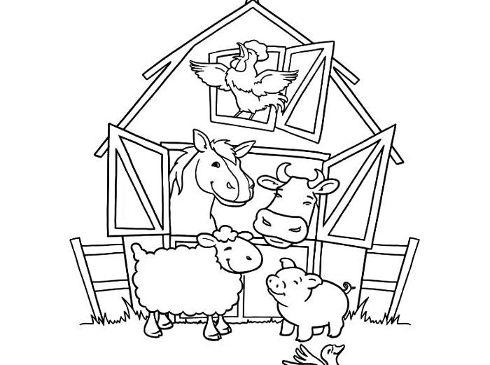 Vaikų darželio spalvinimo puslapis ūkio tema, spausdinamas piešinys, skirtas dažyti ūkinius gyvūnus