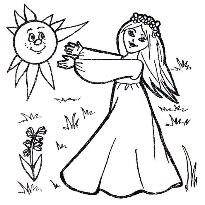 risanje pravljičnega dekleta v obleki s cvetlično krono na glavi in ​​soncem