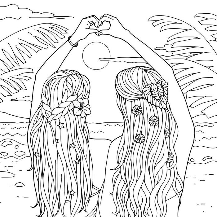boyama yaz dostluk kızlar hippi tatil plaj sahil güneş palmiye ağacı örgülü saç saç modeli Çiçekler bulutlar bilezik dalga deniz