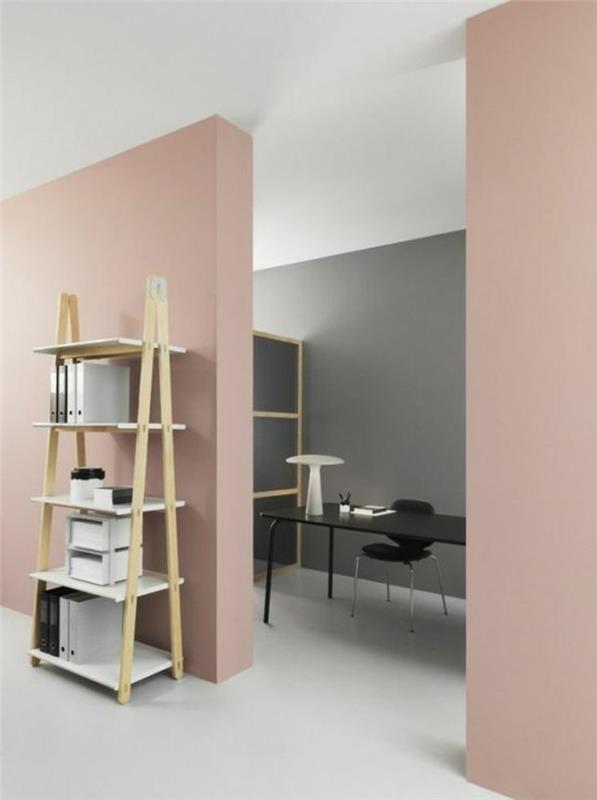 biuro ar svetainės dažų spalvos, pastelinės rožinės ir pilkos sienos, baltos grindys ir baltos lubos, minimalistiniai mediniai baldai