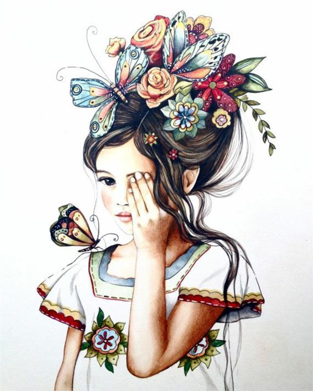 kelebekler ile çiçek taç, beyaz arka plan, sevimli çizim fikirleri, beyaz elbise, dalgalı kahverengi saç