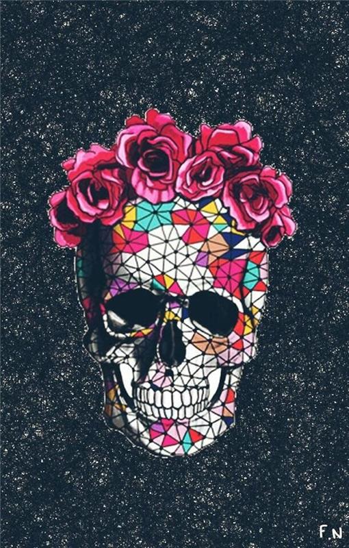 renkli mozaik kafatası, pembe güller, sevimli tumblr arka planları, siyah ve beyaz arka plan