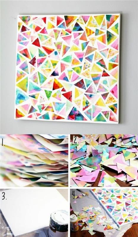 soyut sanat, küçük üçgenler, renkli kağıttan kesilmiş, yan yana yapıştırılmış, yetişkinler için zanaat fikirleri