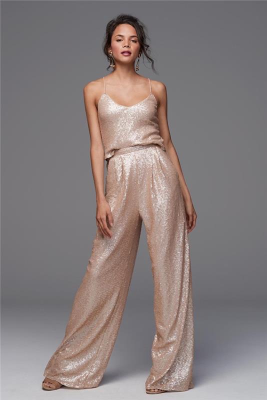 obleči elegantno žensko, kakšna oblačila za poroko, model zlatega kombinezona s širokimi nogami
