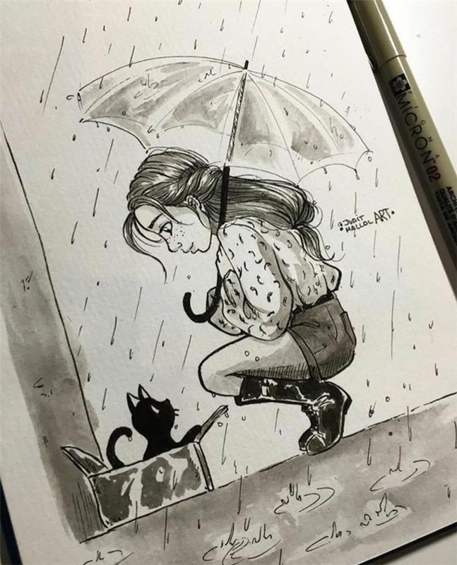 Disegno ragazza, ragazza con ombrello, gattino in scatola