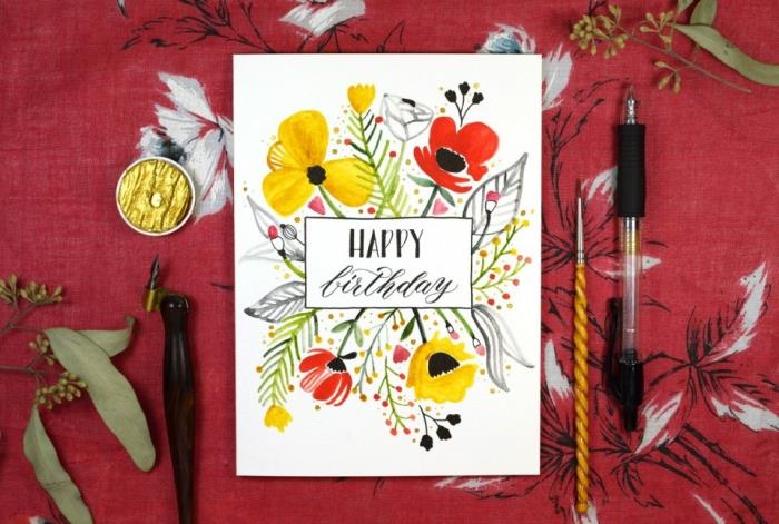 Compleanni başına Lavoretti, cartolina con scritta, disegni di fiori, penna nera