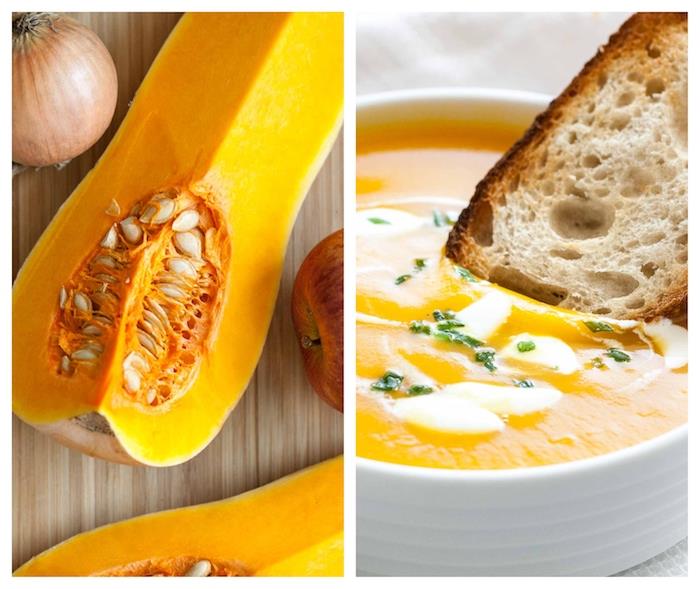 Pezzo di zucca con i semi, ricetta vellutata di zucca, fetta di pane immersa nella zuppa