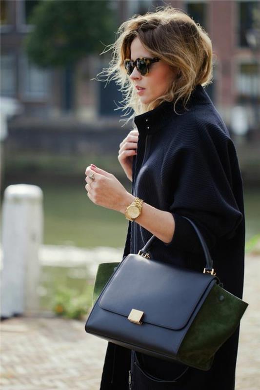 come-vestirsi-cappotto-nero-lungo-abbinato-borsa-nera-accessori-orologio-oro-occhiali-da-sole