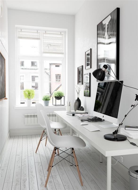 minimalist modaya uygun iç tasarım, beyaz mobilyalı bir ev çalışma köşesinde lake beyaz masa örneği