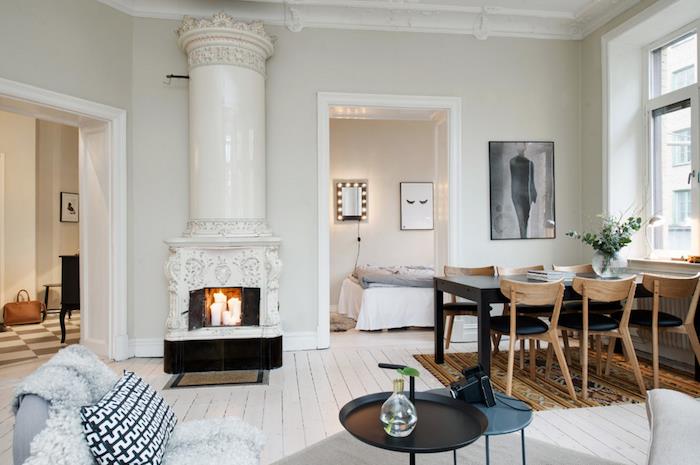 Oturma odası dekorasyon fikirleri modern oturma odası dekorasyonu hygge mum şömine yemek oturma odası ve mutfak küçük daire düzeni