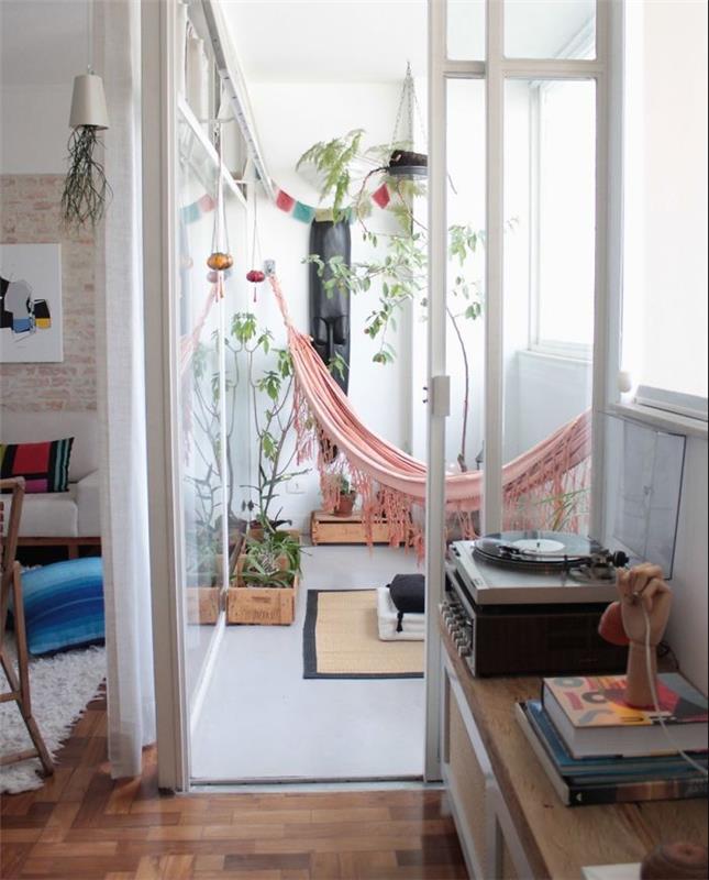 urediti majhen notranji balkon, zaprto stanovanje deco veranda, model roza viseče mreže za dnevno sobo