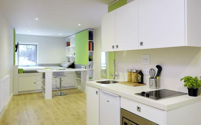 beyaz-yeşil-iyi donanımlı-mutfak-ranza-yatak-bir-stüdyo-nasıl-düzenlenir
