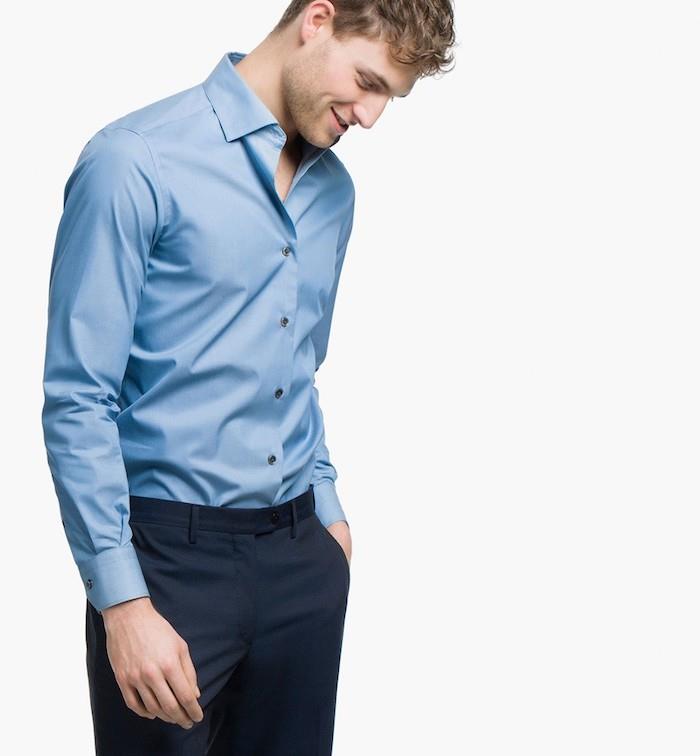 moda trendi, erkekler için profesyonel kıyafet kuralları, mavi gölgede pantolon ve gömlek