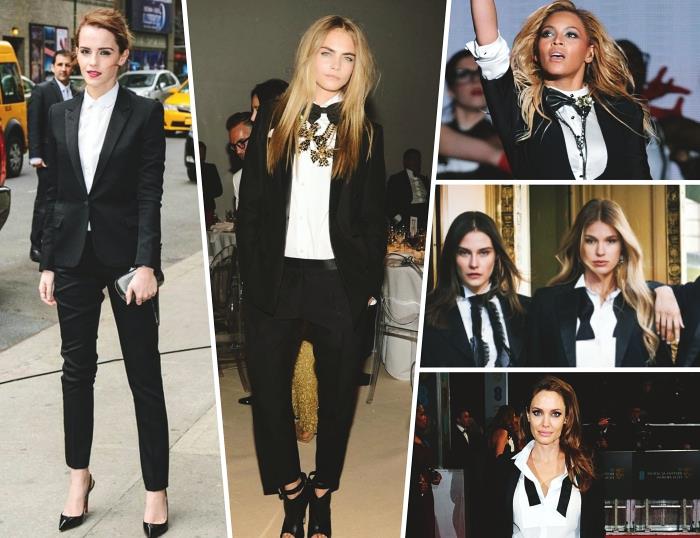 stilingos išvaizdos idėja juodos spalvos moteriškų švarkų rinkinyje kartu su baltais marškiniais ir aksesuarų kišene bei juodais batais