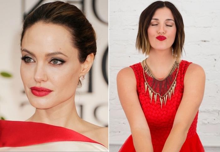 temno zelene ličila za oči, pričeska slavnih in ličila Angeline Jolie v obleki in rdečih ustnicah