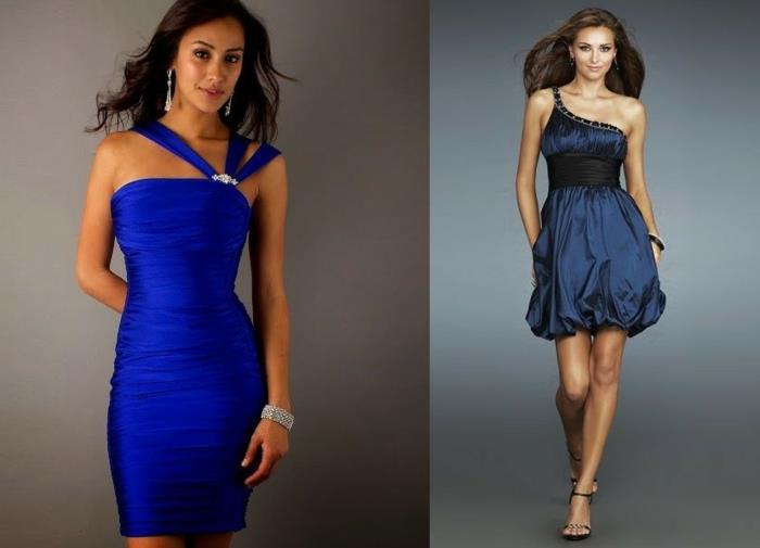 ženska večerna obleka, oblikovanje modrih oblek, modra obleka iz satena in body balon
