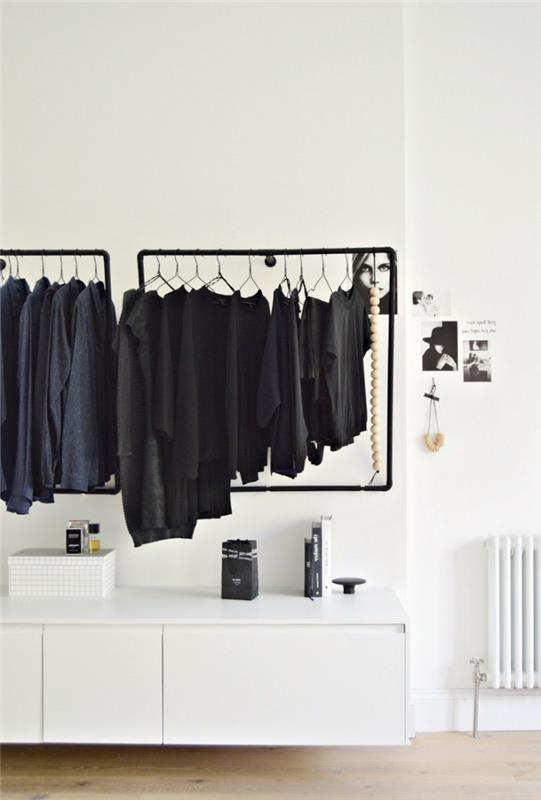 yatak odasındaki yüzer şifonyerin üzerine, duvara gardıroplar sabitleyerek minimalist bir giyinme odası yapın