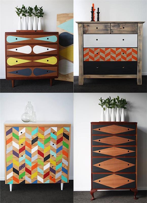 restyled mobilya, renkli geometrik desenlerle bir mobilya parçası nasıl boyanır, mobilyanızı nasıl özelleştireceğinize dair fikir