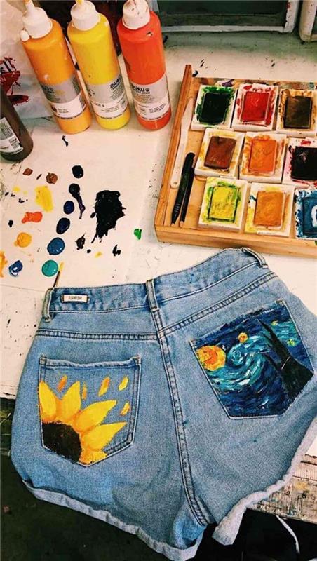 kako prilagoditi kavbojke z barvo žepno pobarvanih kratkih hlač v stilu Van Gogh