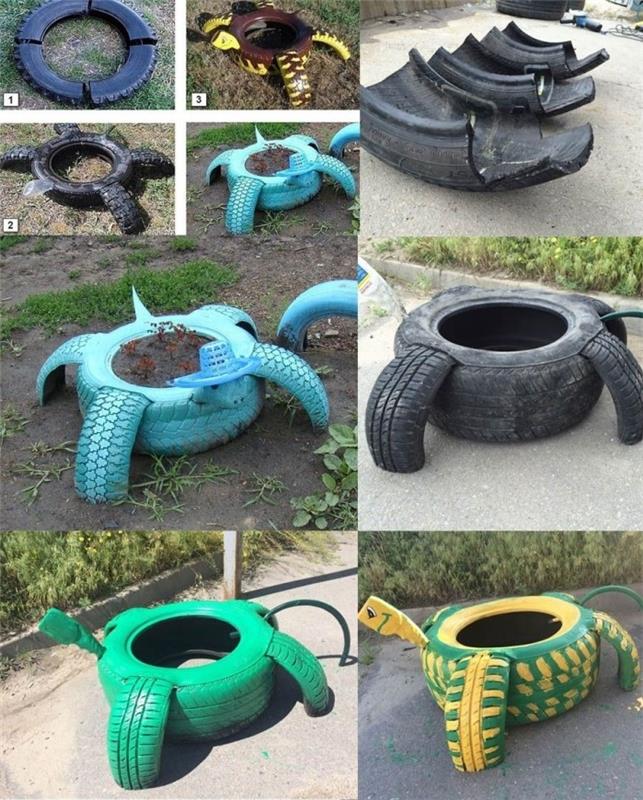 enostavna zamisel o urejanju vrta, koraki, ki jih morate narediti, da naredite sejalnik v obliki želve z recikliranimi pnevmatikami in barvo