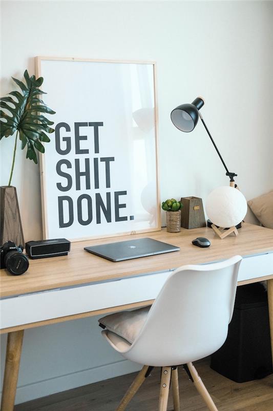Uokvirjena motivacija, okrasna skandinavska pisarna, ideja, kako opremiti vaš preprost pisarniški prostor, oblikovanje nordijskega stola