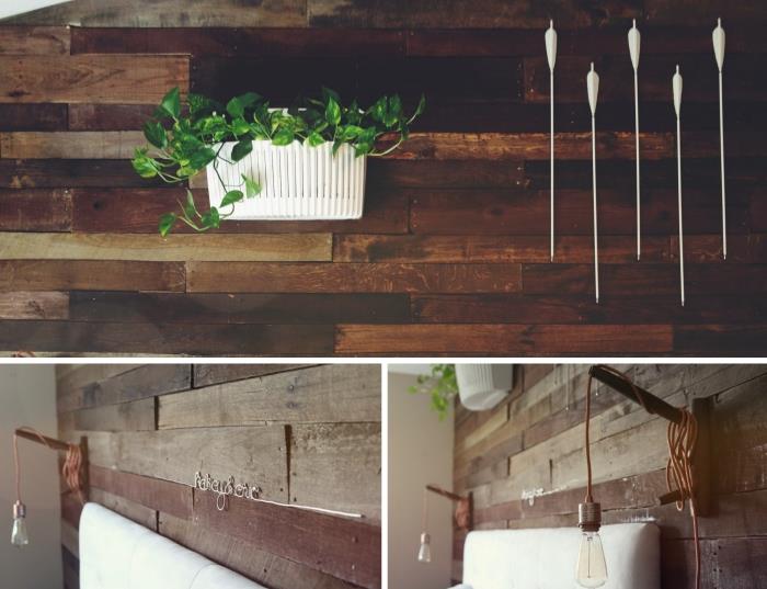 primer notranje lesene stenske obloge, ideja, kako urediti spalnico za odrasle s steno iz palete DIY