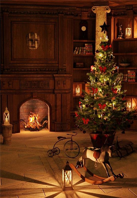 Kalėdų eglutės atvaizdas, papuoštas raudonomis juostelėmis svetainės centre su židiniu ir didele tamsaus medžio knygų spinta
