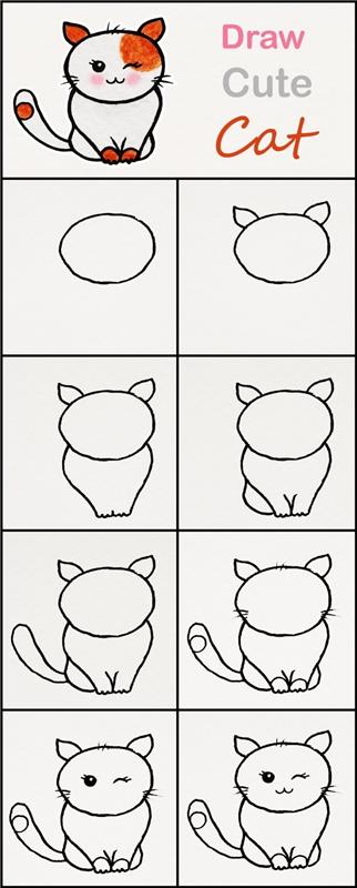 žingsnis po žingsnio, kad būtų lengva piešti mielą katę su vaikais, piešimo pieštuku pamoka su geometrinėmis figūromis