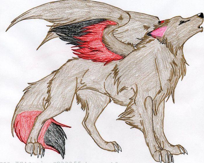 legendarno bitje griffin volkova podoba, volk s krili, lahka ideja risanja volka z barvnimi svinčniki