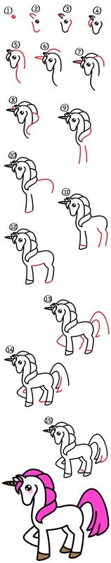 Serbest ayaklı ve güzel pembe yeleli bir tek boynuzlu at yapmayı, kolayca tek boynuzlu at çizmeyi öğrenmek için kolay çizim dersi
