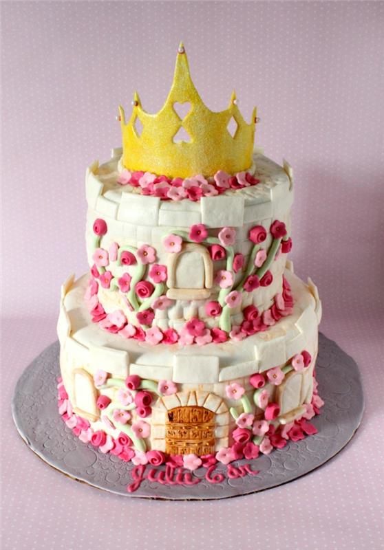Pilies torto receptas princesės Sofijos gimtadienio torto auksinė karūna ant dviejų pakopų torto
