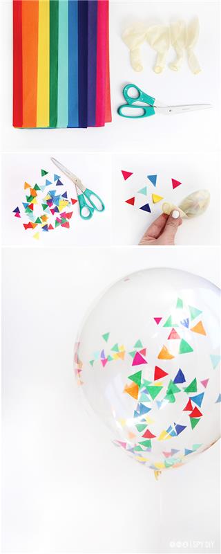 renkli kağıt mendil konfeti ile süslenmiş balonlar yapma fikri, kendiniz yapmak için Yılbaşı dekoru