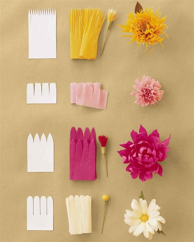 Çeşitli yüzeylerde çentikli kağıt şeridinden yapılmış kendin yap krep kağıt çiçekler, yetişkinlere yönelik el işi etkinliği