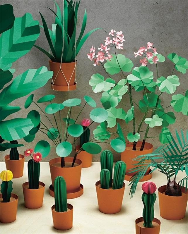 yapay bitkilerin küçük ev bahçesi, saksılarda kağıt çiçek, yeşil çiçekler, kaktüsler ve diğer cinsler nasıl yapılır