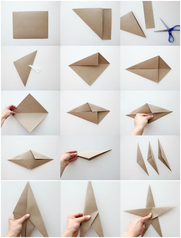 bir çelenk veya bir Noel ağacı süsleyecek büyük bir kağıt Noel yıldızı yapmak için basit ve hızlı katlama tekniği, bir origami Noel yıldızını adım adım katlama