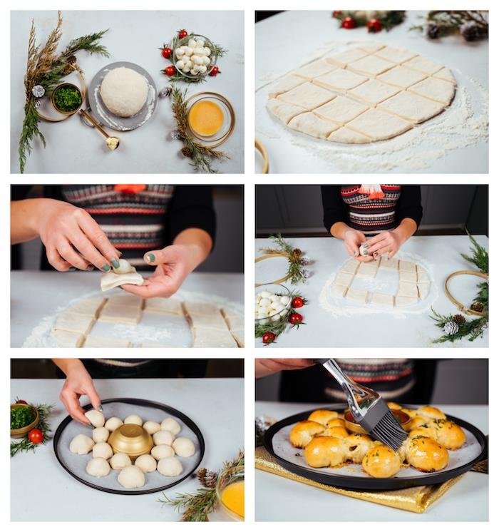 arkadaşlarla paylaşmak için ekmek yapmak için öğretici, mini mozzarella topları ile yapmak için basit bir Noel aperitifi