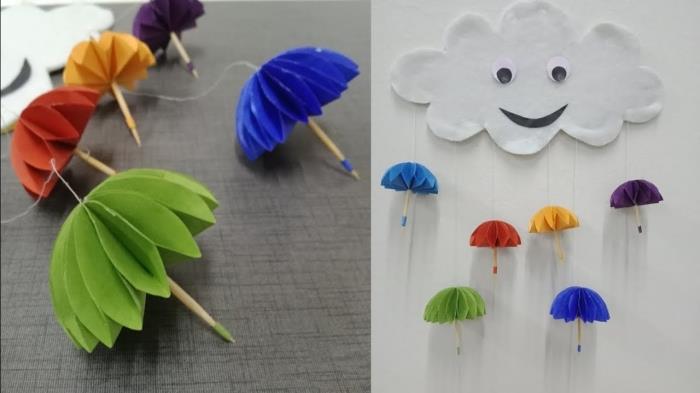 aktivite çocuğu 3 yaşında, scrapbooking kağıdında kendin yap orijinal kreasyonlar, renkli kağıt şemsiyeli beyaz kağıt bulut
