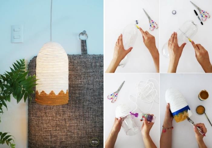 ustvarjalne ideje za prosti čas za odrasle, ustvarjalni projekt izdelave viseče svetilke v plastični steklenici in vrvi
