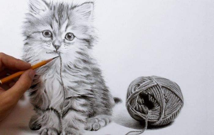 išmokti piešti katę pieštuku, mielas mažos katytės, žaidžiančios virve, piešimo modelis