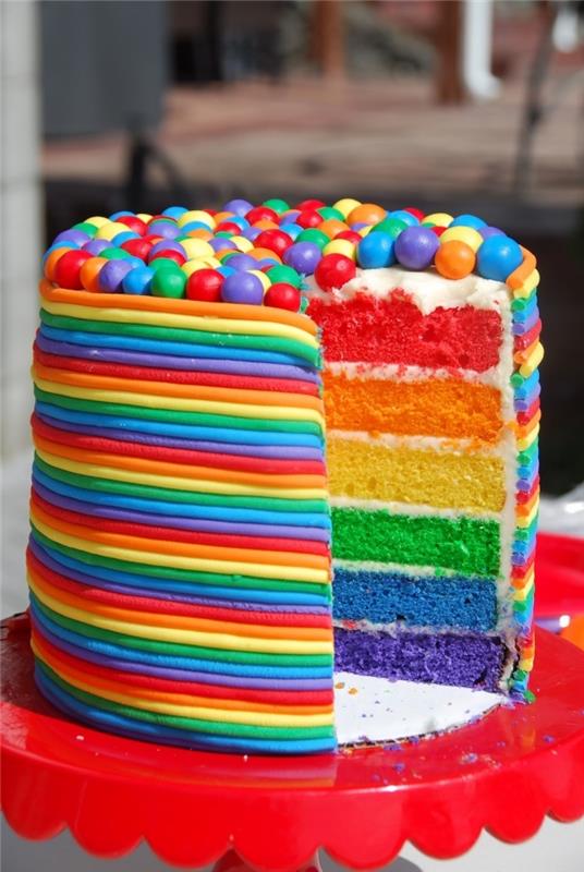 İçte ve dışta bir renk patlaması sunan bir gökkuşağı pastası için güzel bir fikir,
