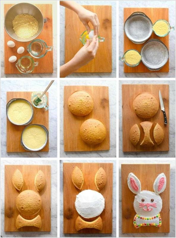 kako narediti velikonočno torto v obliki zajčka, velikonočno zajčkovo torto, sestavljeno iz več oblik, izrezanih iz dveh biskvitov