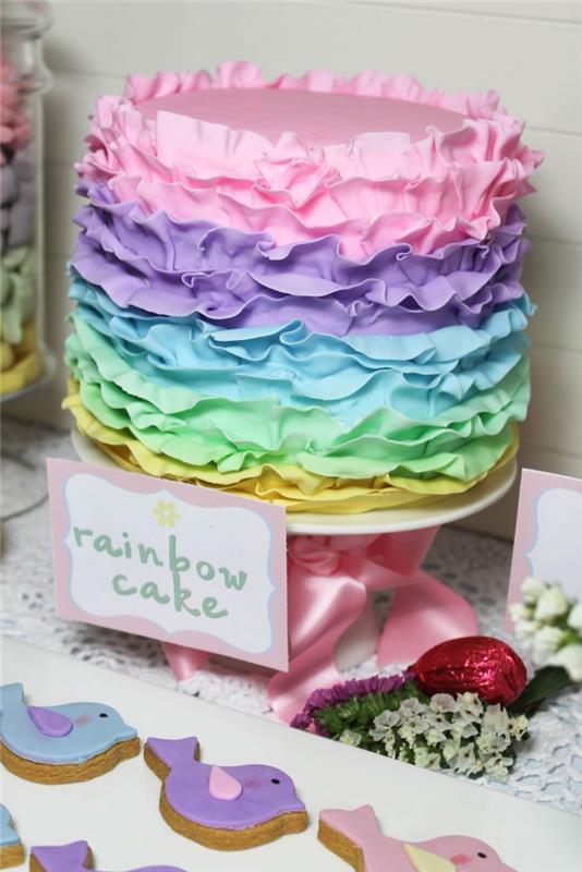 idėja originaliam mergaitės gimtadienio tortui, gražus įvairiaspalvis pyragas su švelniu vaivorykštės spalvų glajumi